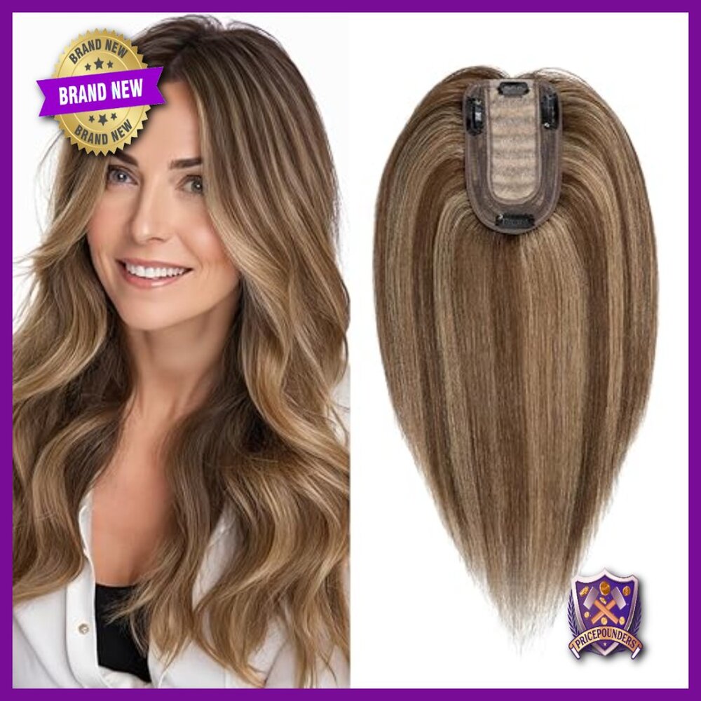 Real Human Hair Topper No Bangs 14 Inch Medium Brown Mix Dark Blonde